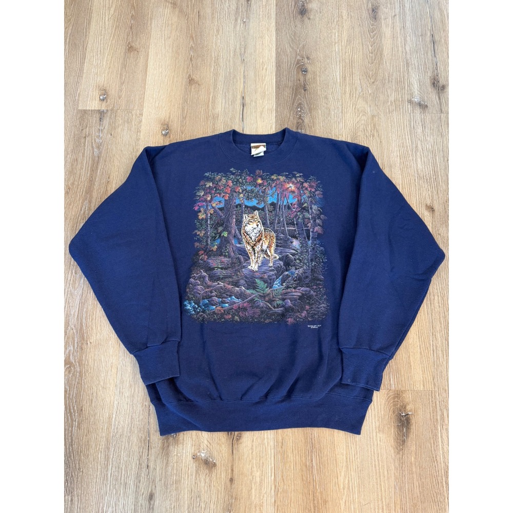 VTG Stitch Art Gorpcore Wolf Graphic Sweatshirt Mens M Navy Blue Nature USA